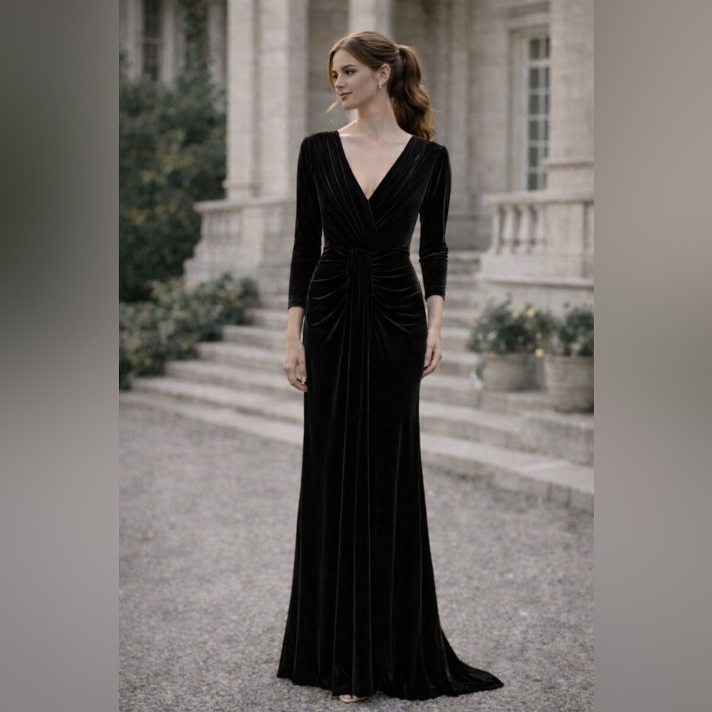 Black Velvet Long Sleeve ruched v-neck long Dress gown special occasion sz 8‎